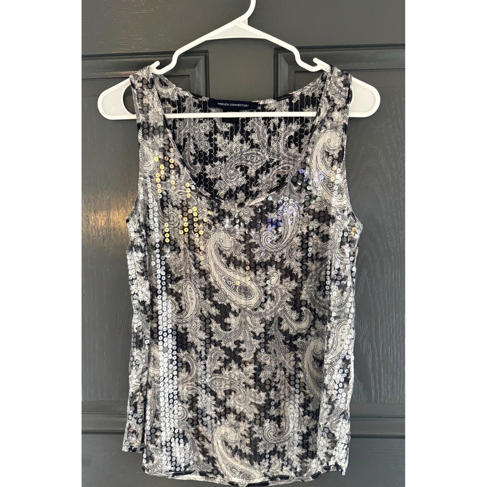 French Connection Black White Paisley Sequin Boho Shell Size 4